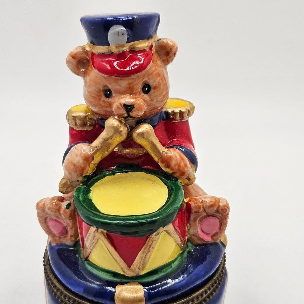 VTG Teddy Bear Drummer Hinged Trinket Box Ceramic Toy Soldier Mini Drum
